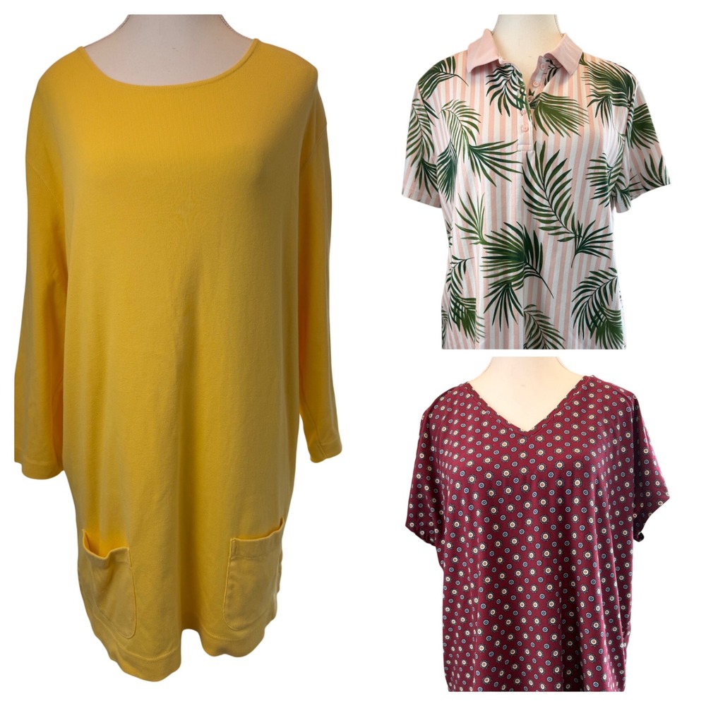 Lands End Womens Top Bundle Lot of 3 Size L Yellow Tunic Palm Polo Floral V-Neck